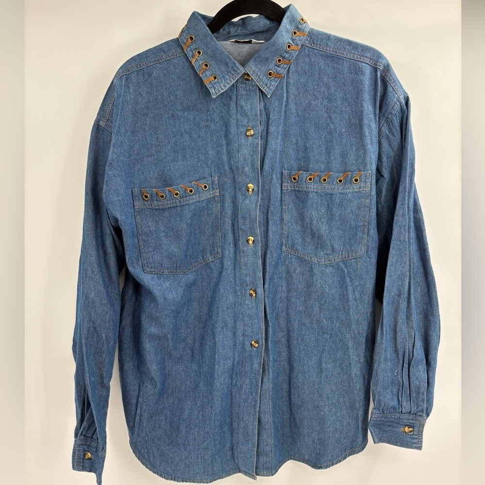 Women’s western Yellowstone cowboy cowgirl button up blue jean jacket sz large